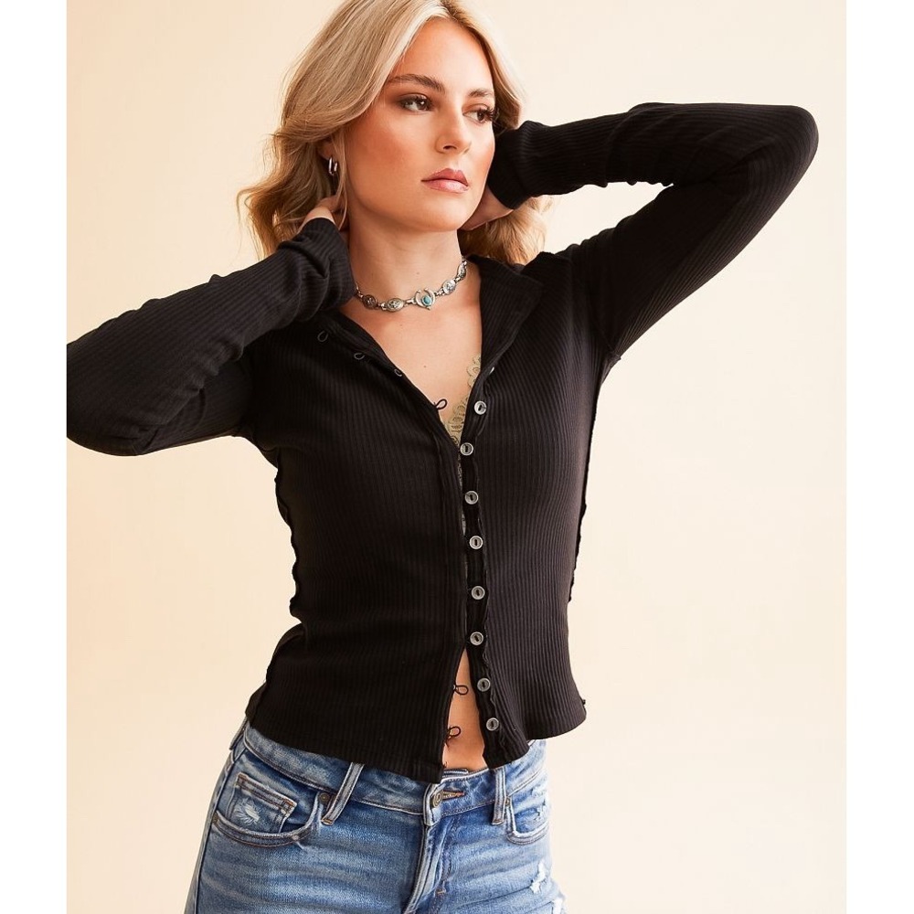 NEW We The Free It's Ok Cardi Large Black Ribbed Button Up